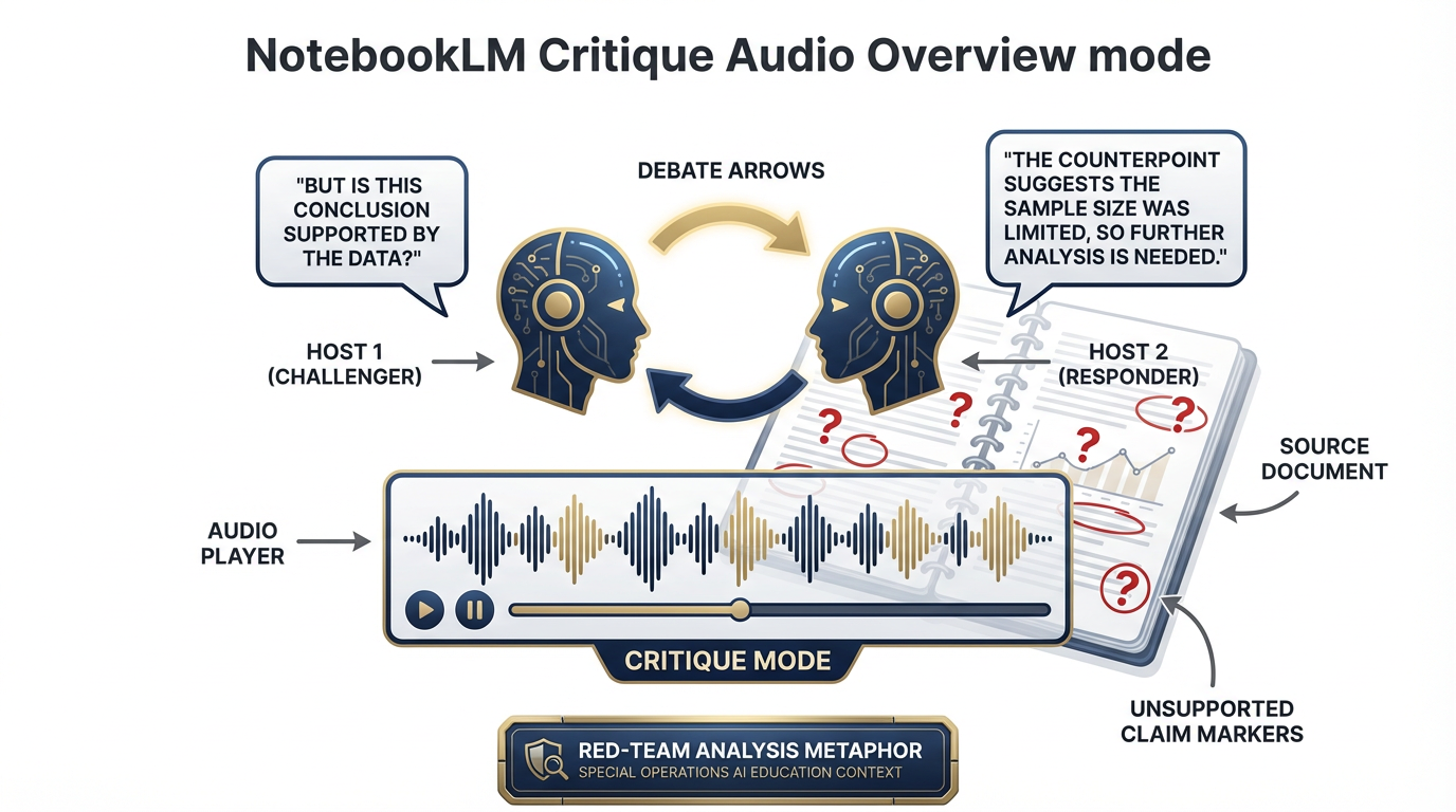 Illustration of NotebookLM Critique Audio Overview mode showing two AI host icons facing each other with debate arrows, speech bubbles challenging claims, and a waveform audio player labeled CRITIQUE MODE below