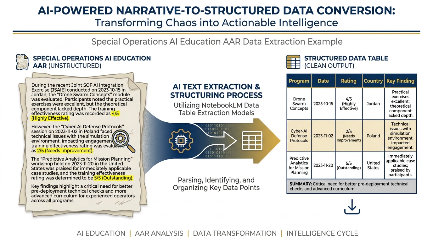 Illustration of NotebookLM's Data Table extraction process showing messy narrative AAR text on the left transforming into a clean structured table with Program, Date, Rating, Country, and Key Finding columns on the right