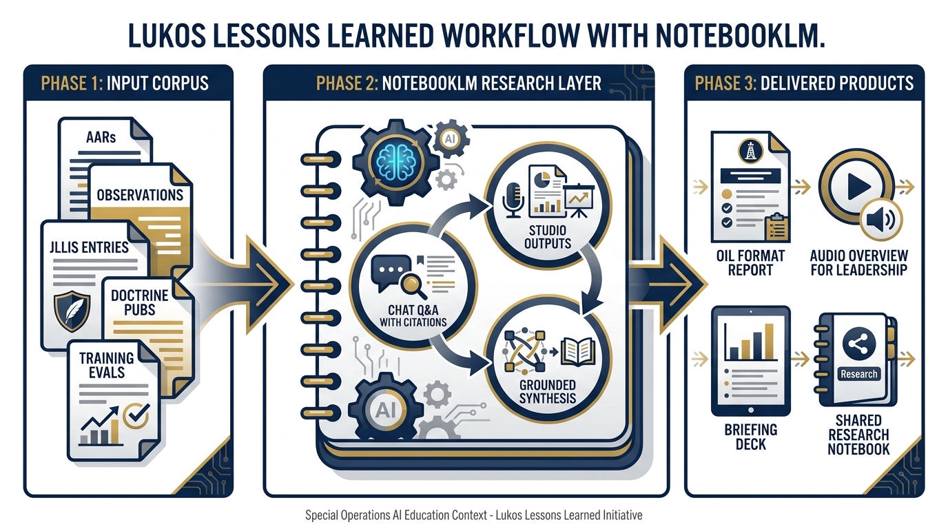 Full Lukos Lessons Learned workflow diagram showing AARs and observations flowing into NotebookLM, through research and synthesis, to OIL format outputs and briefing products