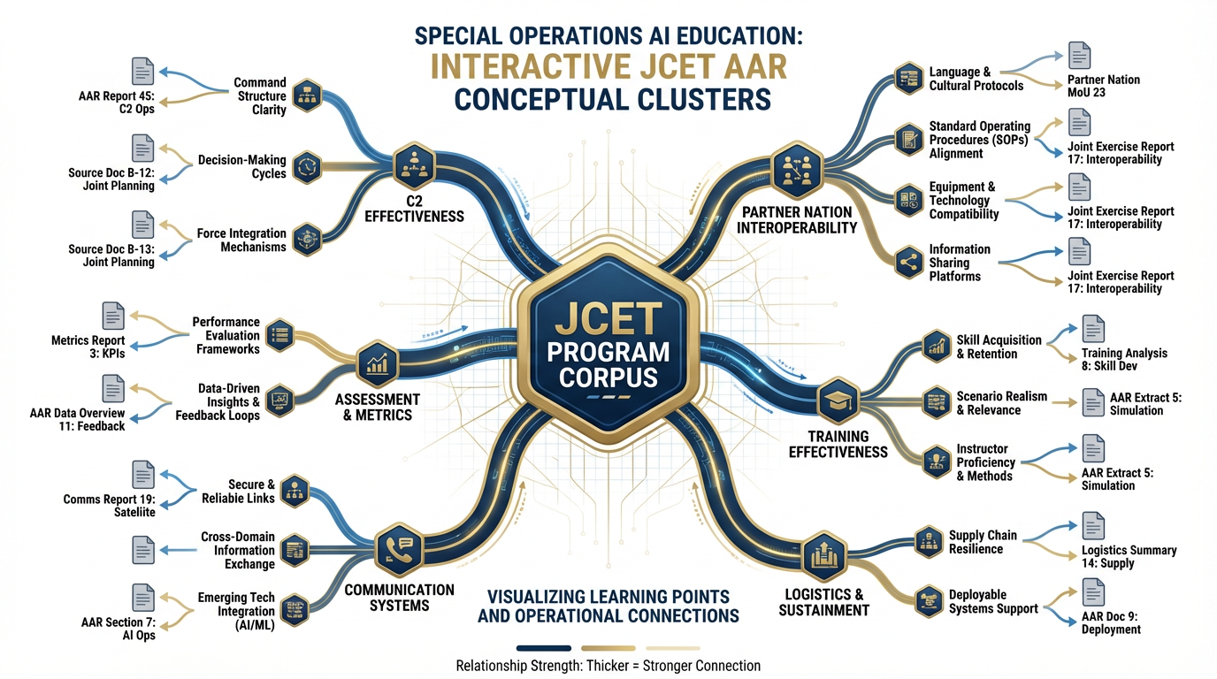 Example NotebookLM mind map showing conceptual clusters from an AAR corpus with themes like C2 effectiveness, partner nation interoperability, and training effectiveness branching from a central node
