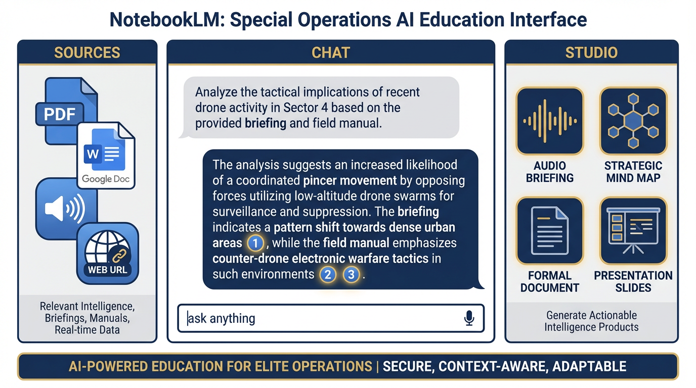 The NotebookLM three-panel interface showing Sources, Chat, and Studio panels labeled with callouts