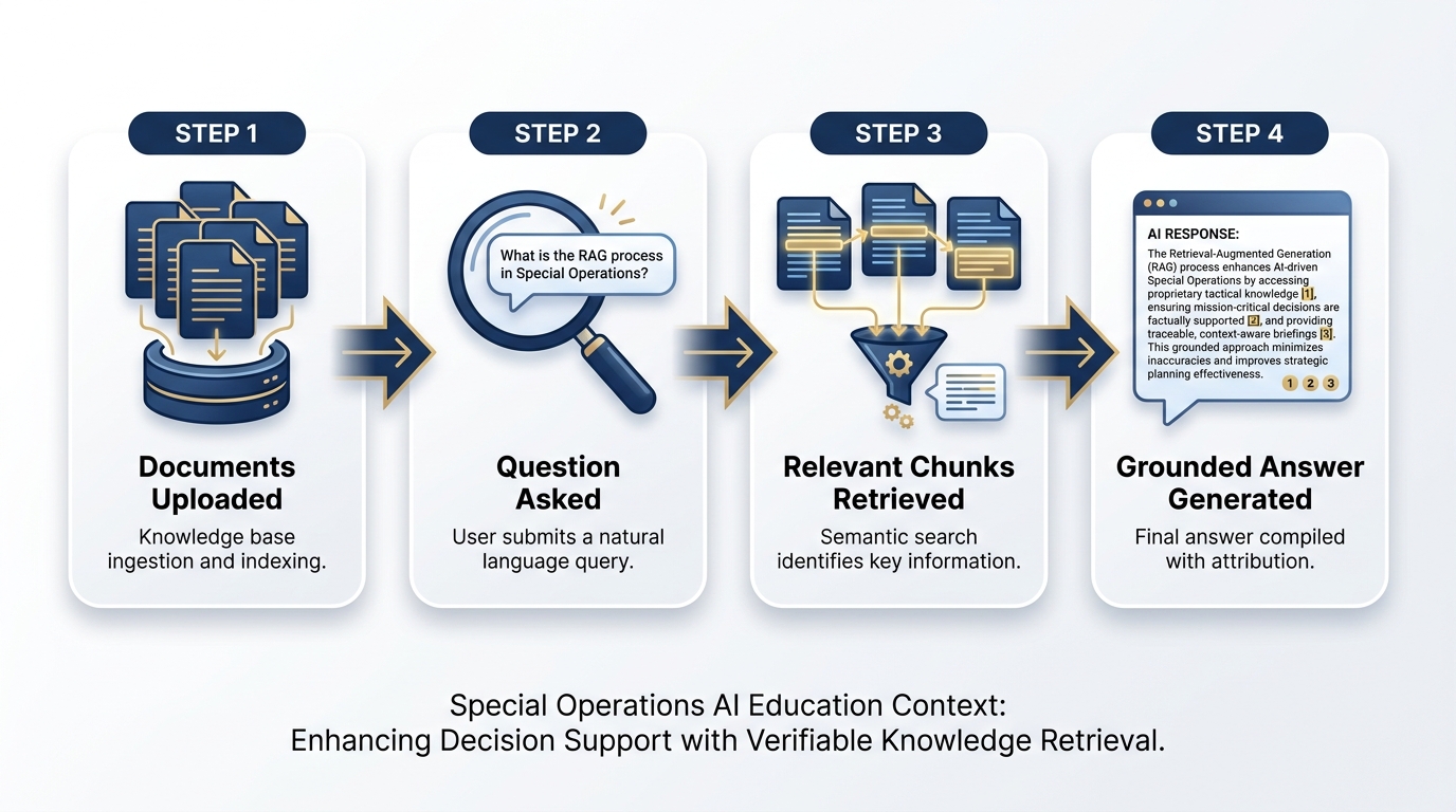 Step-by-step infographic of the RAG process showing documents being indexed, a query triggering retrieval of relevant chunks, and those chunks grounding the model's answer with citations