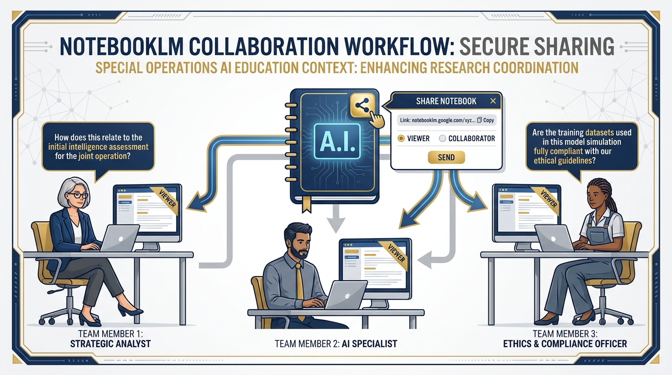 NotebookLM notebook sharing workflow showing a central notebook with share arrows going out to three team members at laptops, with a share dialog showing Viewer and Collaborator permission options