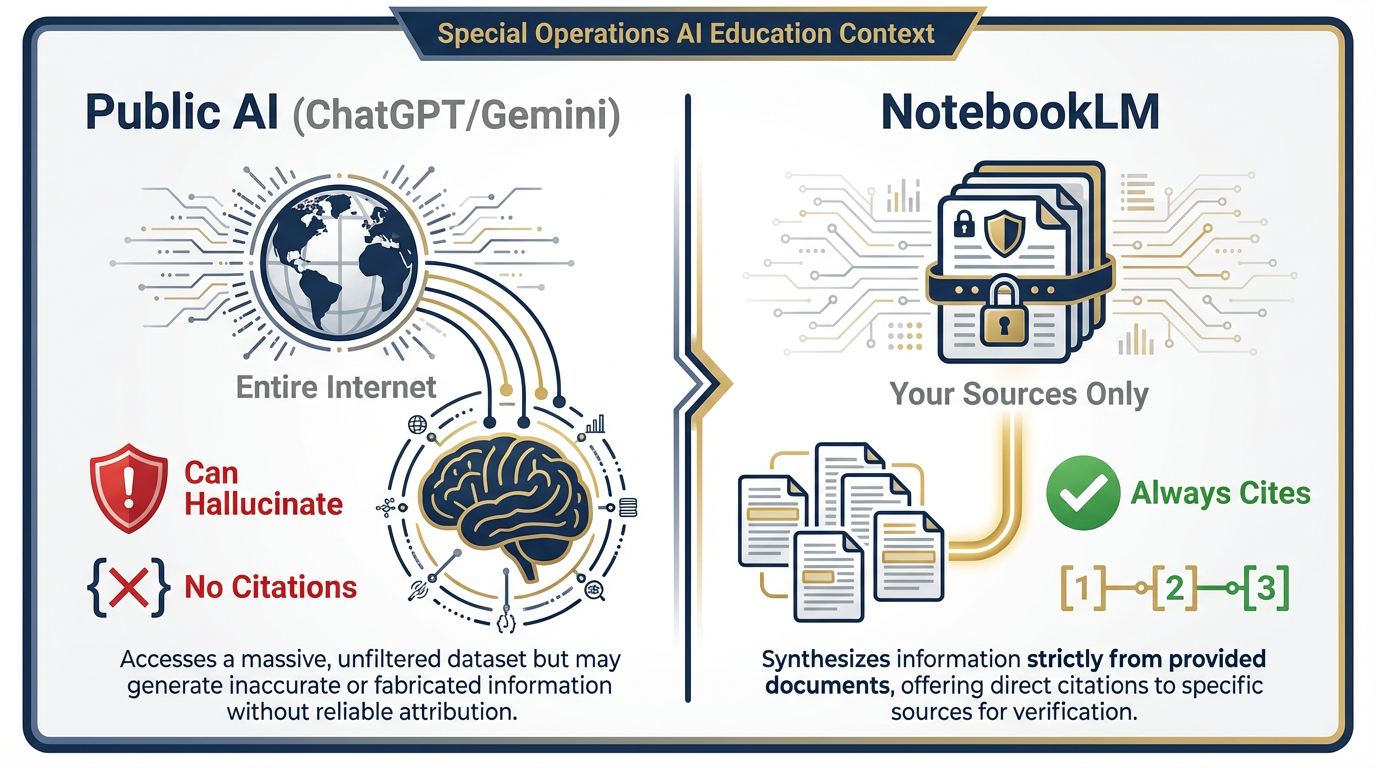 Split infographic contrasting public AI drawing from the entire internet (with hallucination risk) versus NotebookLM drawing only from uploaded sources (with mandatory citations)