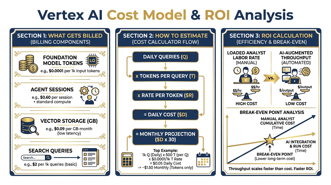 Vertex cost model infographic — what gets billed, how to estimate, ROI calculation