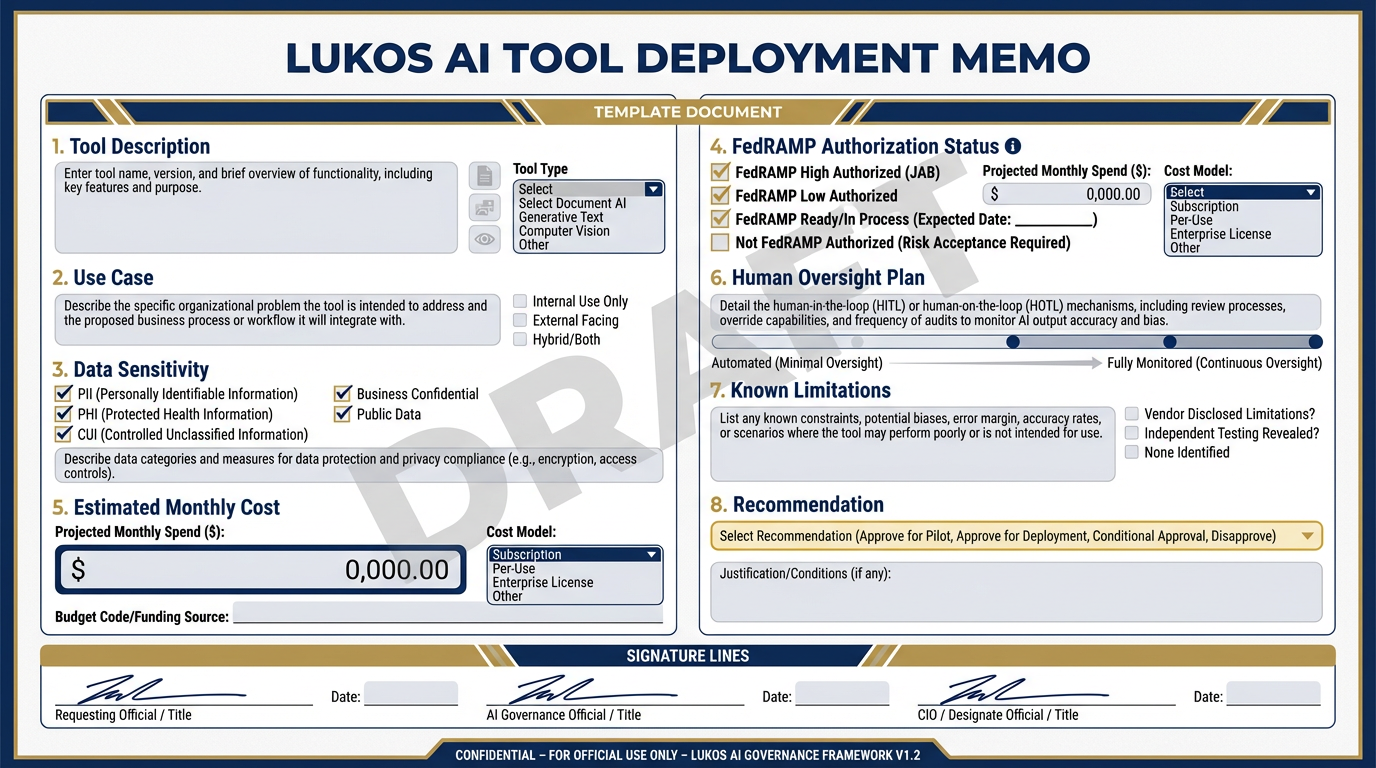 The one-page Deployment Memo template for Lukos AI tool proposals