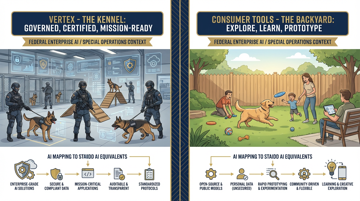 The Kennel metaphor — professional working dog facility vs backyard