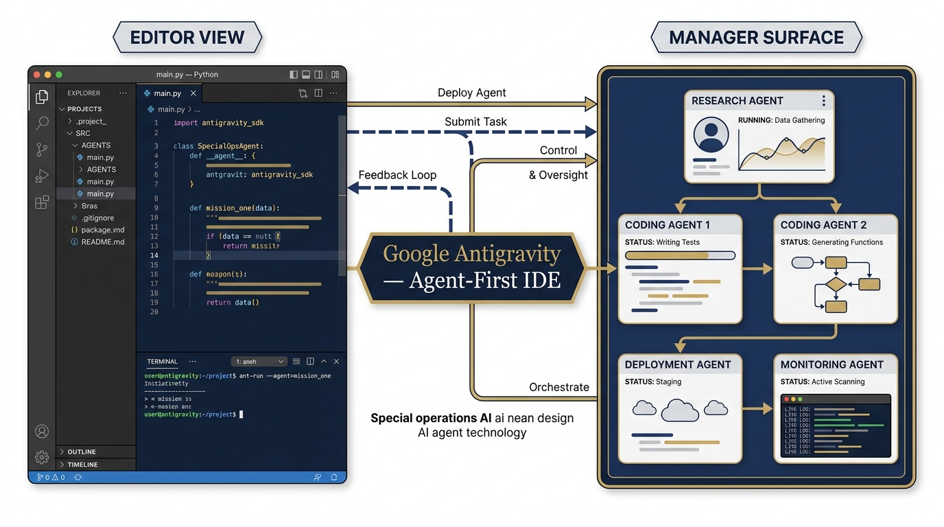 Antigravity as Mission Control — two surfaces labeled