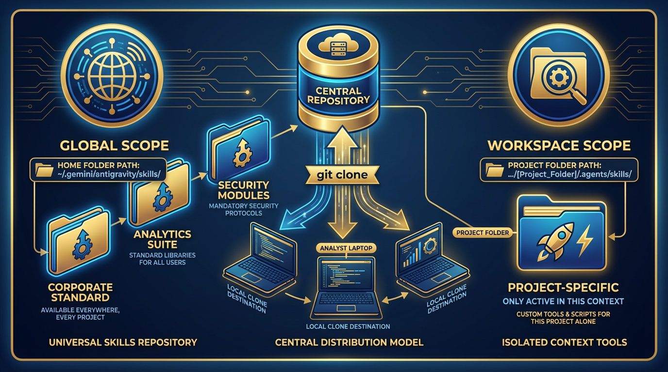 File system diagram showing global skills at ~/.gemini/antigravity/skills/ (available everywhere) vs workspace skills at <project>/.agents/skills/ (project-specific), with arrows showing distribution model