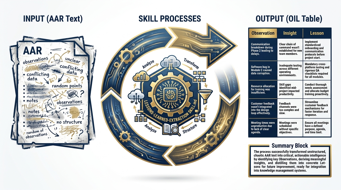 Process flow diagram: raw AAR document enters on left, lessons-learned-extraction skill processes it, OIL-formatted table exits on right with three columns: Observation, Insight, Lesson