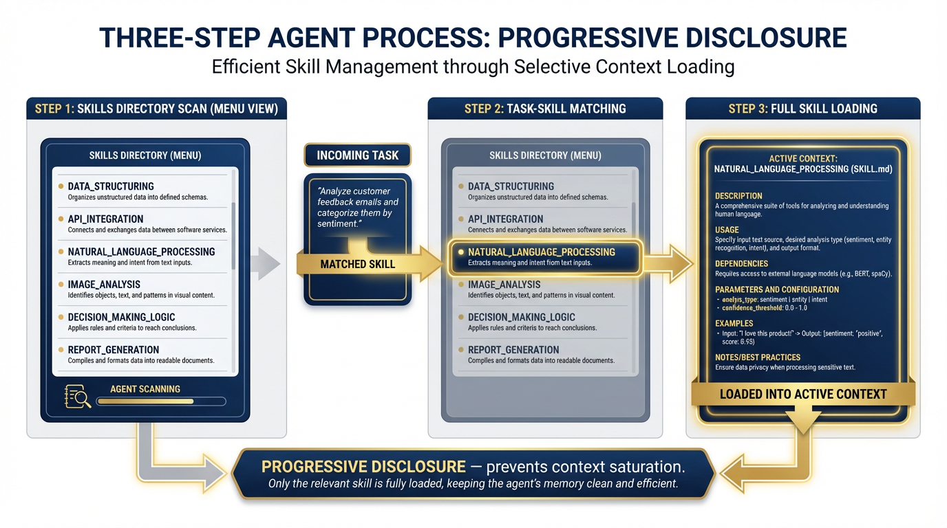 Three-step diagram: agent scans skills menu → matches task to skill → loads full SKILL.md into context
