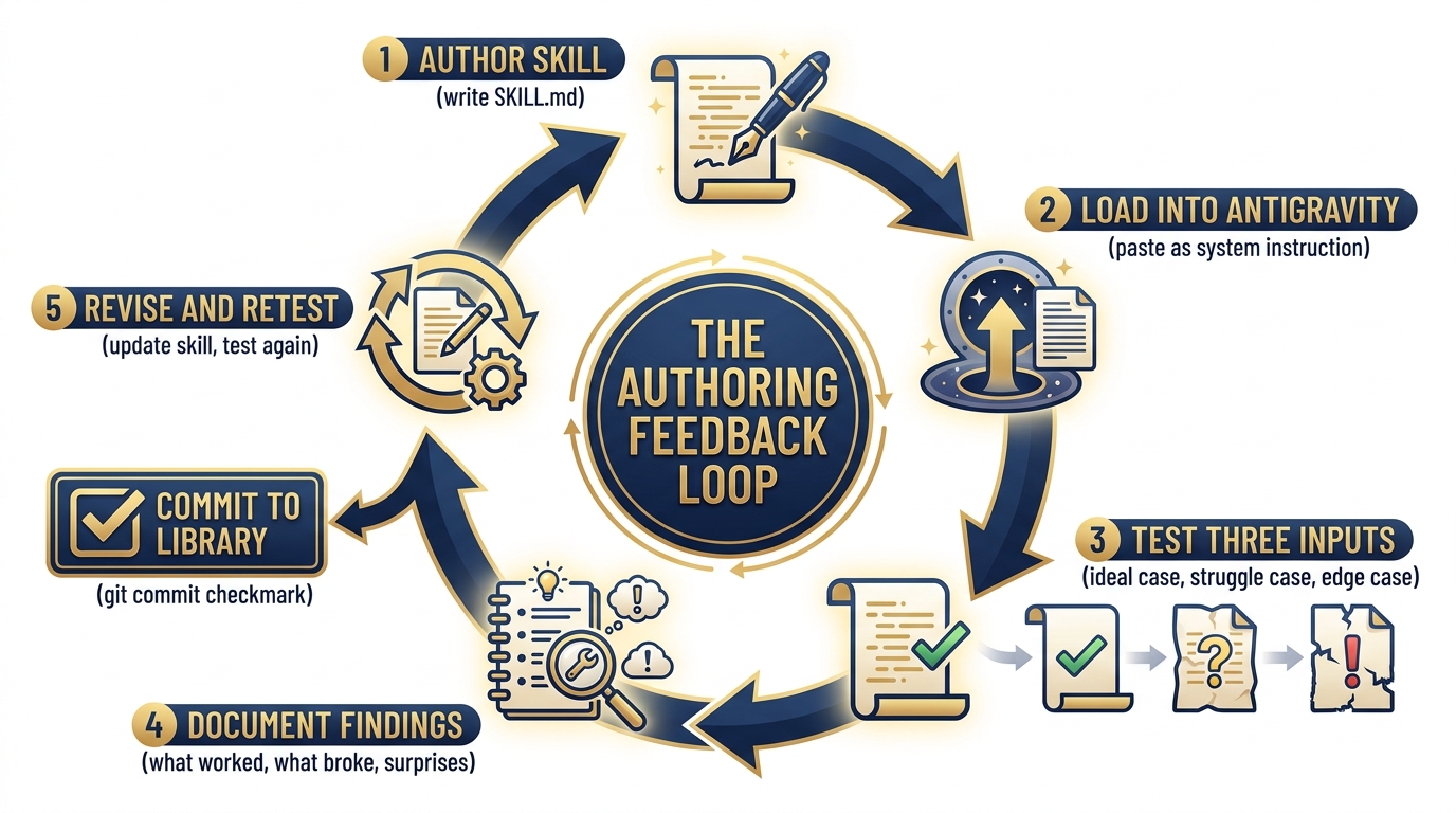 Feedback loop diagram: author skill → load into Antigravity → test against three inputs (ideal, struggle, edge case) → document findings → revise skill → retest → commit to library