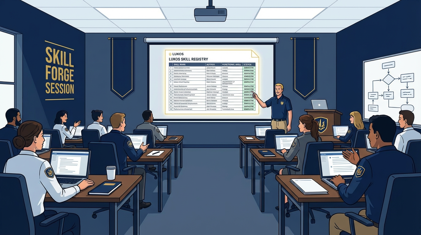 Classroom photograph showing analysts at workstations authoring skills, with a shared skill registry on the projected screen showing 18 completed entries