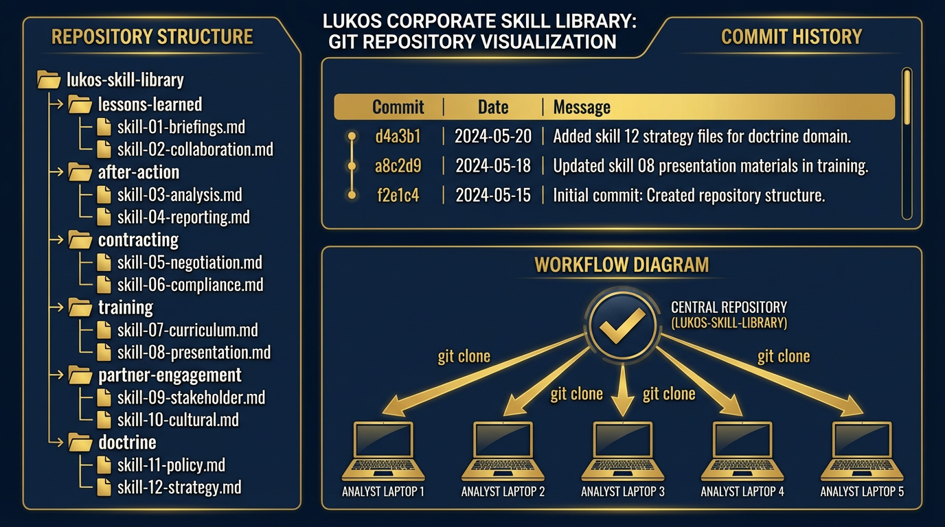 Git repository visualization showing the Lukos corporate skill library — folders for each skill, commit history, and analyst clone diagram