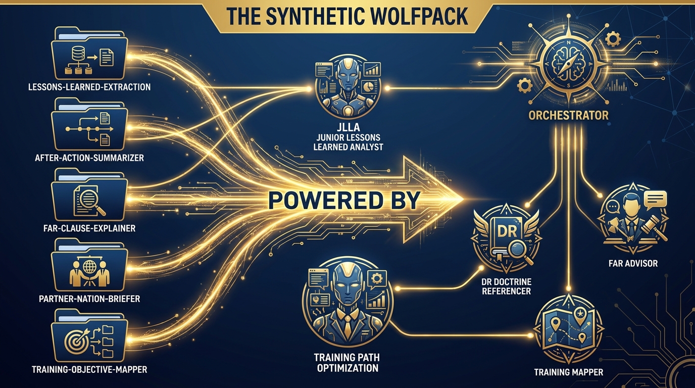 Bridge diagram: left side shows five Lukos skills as knowledge packages; right side shows four named agents (JLLA, DR, FAR Advisor, Training Mapper) each powered by a skill; center shows orchestrator connecting them