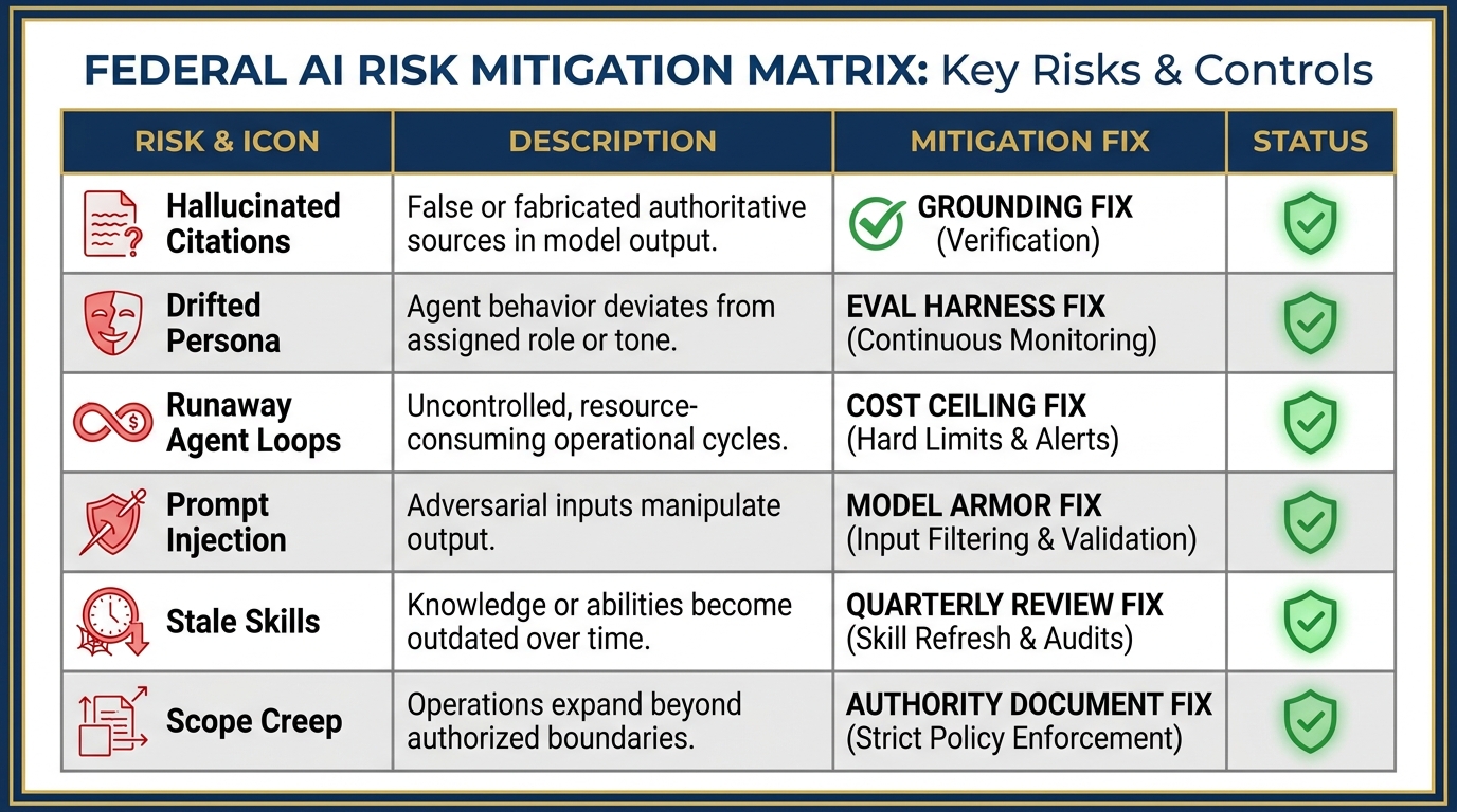 The six failure modes and their fixes as a risk mitigation matrix