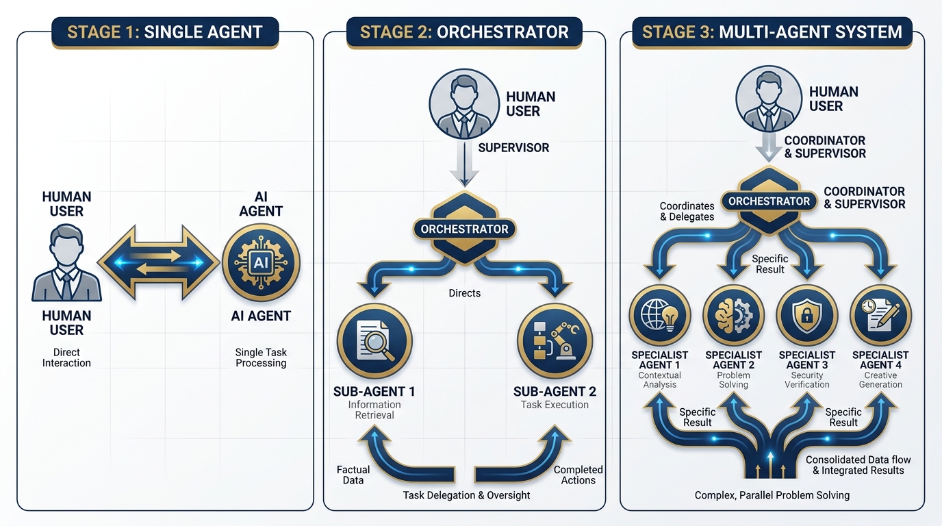 Architecture progression — single agent to orchestrator to multi-agent system