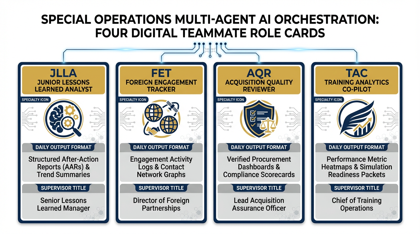 Four synthetic employee role cards — JLLA, FET, AQR, TAC