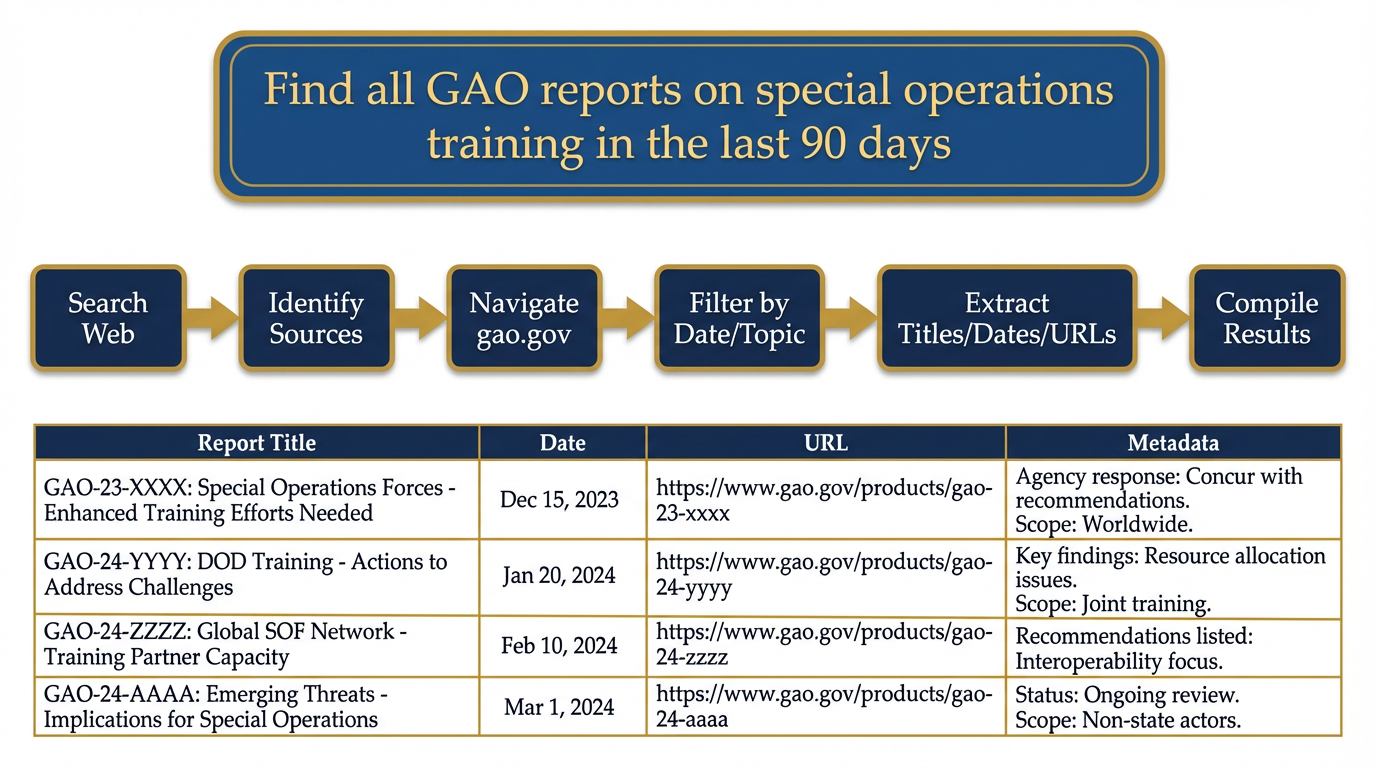 Agent mode — goal statement input → autonomous search and navigation → structured data output with citations