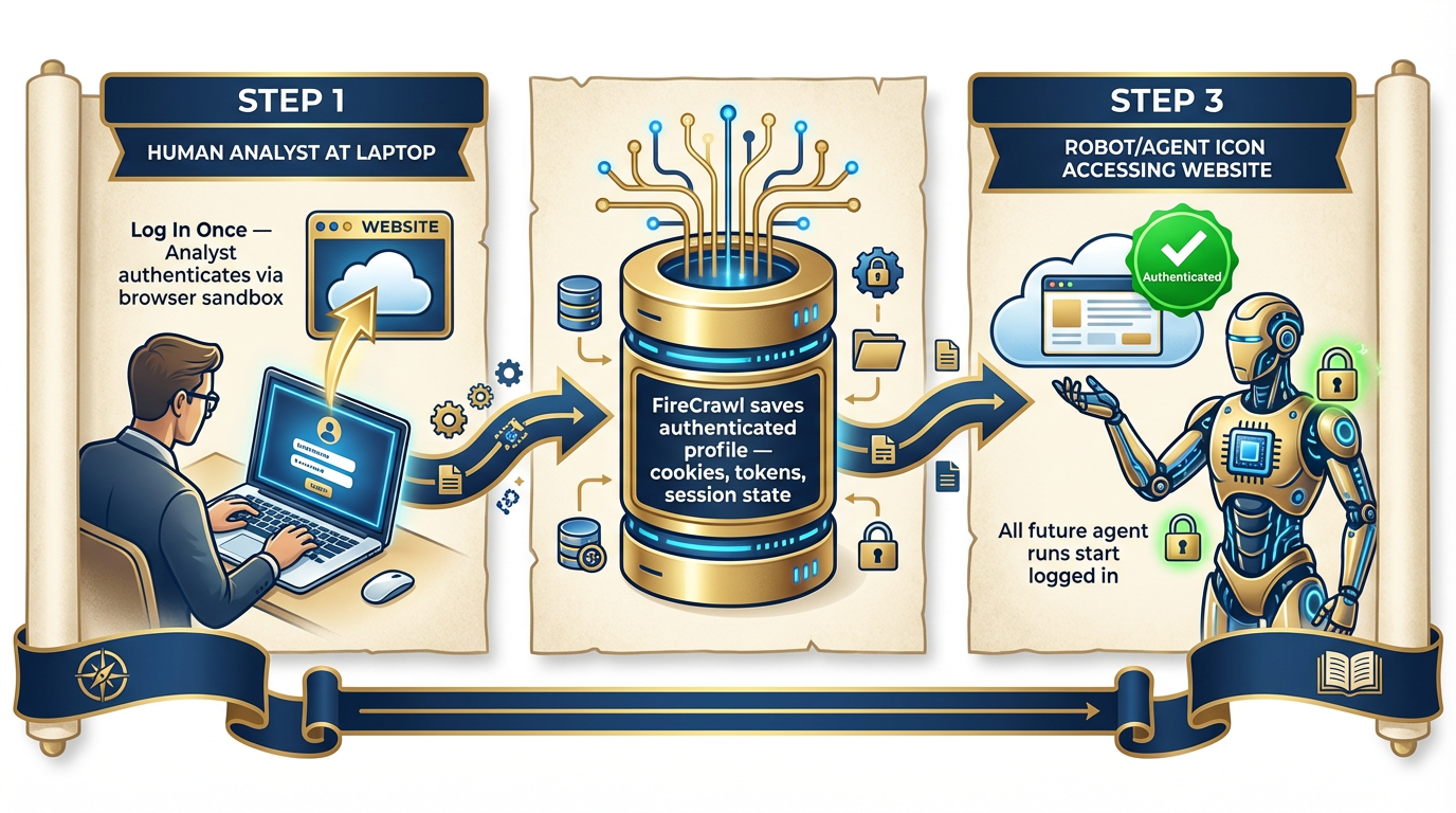 Three-step diagram — log in once via browser sandbox → authenticated state saved as persistent profile → all future agent runs start authenticated