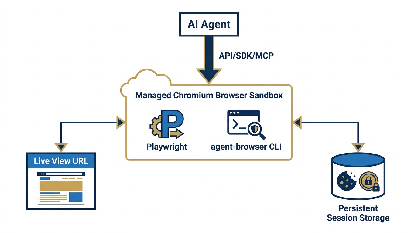 Architecture diagram — isolated Chromium container in cloud, with live view URL, persistent session storage, agent connection via API/SDK/MCP