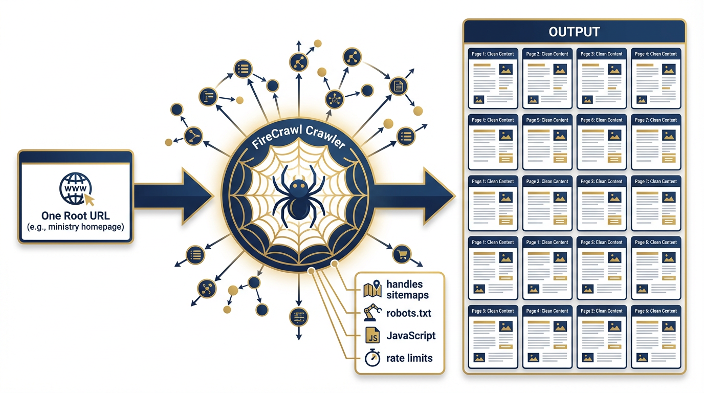 Crawl workflow — one root URL input → FireCrawl discovers all subpages → returns full site content structured and clean