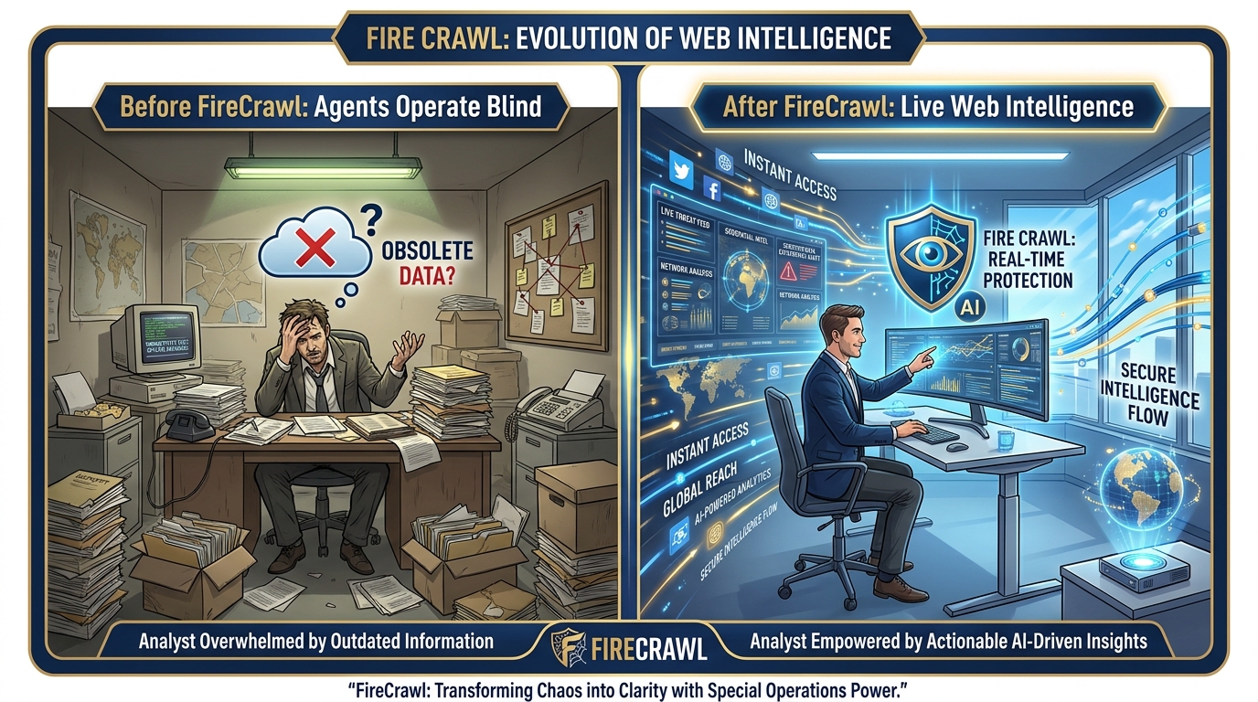 Two contrasting scenes — analyst locked in a room vs analyst with FireCrawl opening a window to the live web