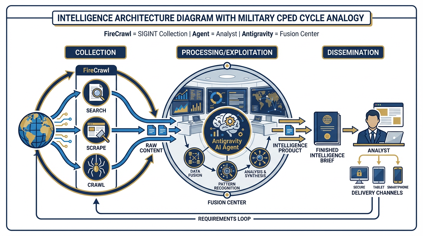Architecture diagram — FireCrawl as MCP Tool feeding into Antigravity agent system, labeled as SIGINT collection feeding into fusion center