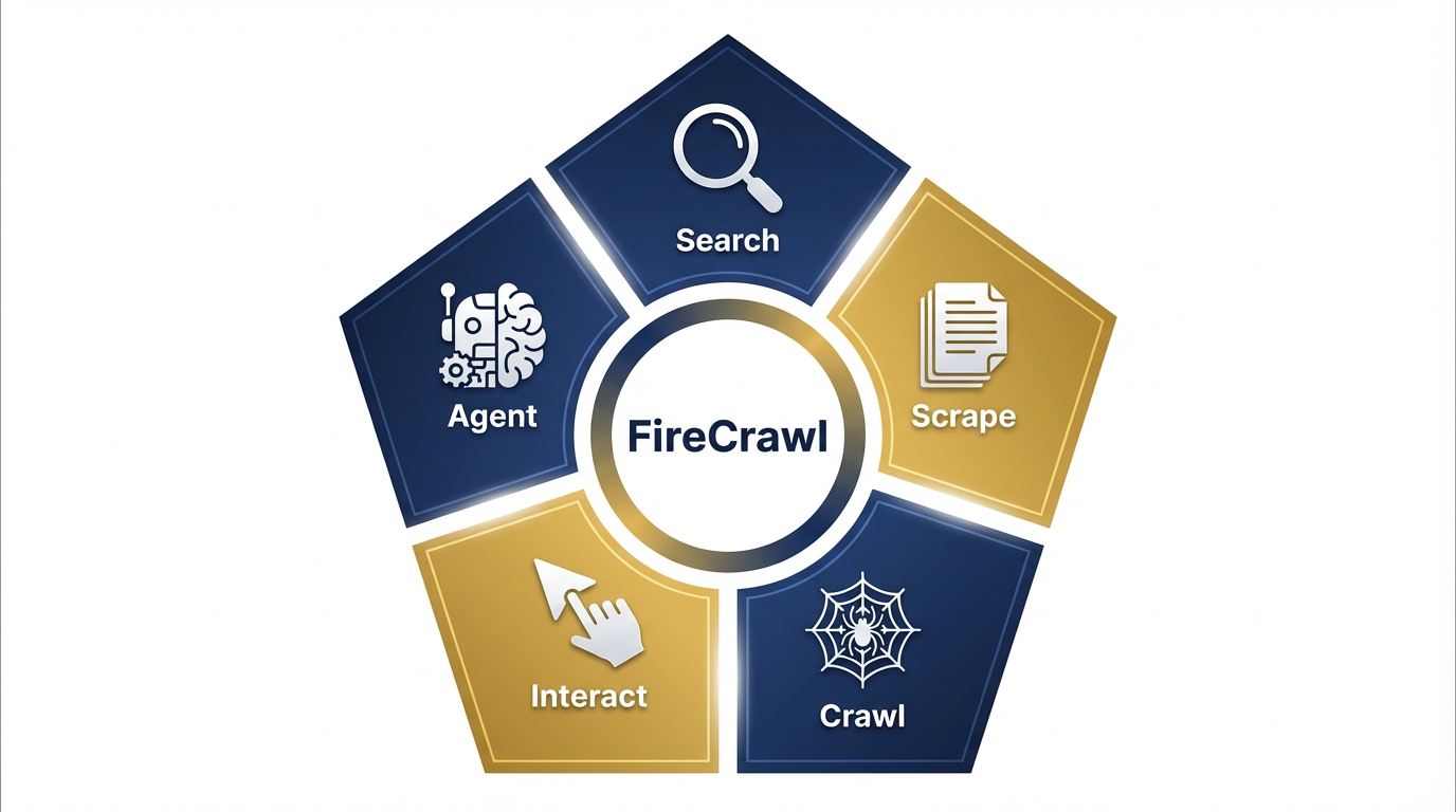 Pentagon diagram showing Search, Scrape, Crawl, Interact, and Agent as the five FireCrawl capabilities