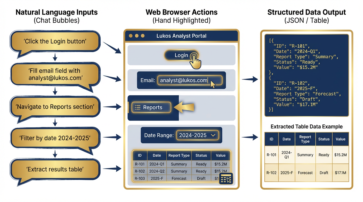 Natural language commands mapping to browser actions — "Click login" → click event, "Fill email field" → form fill, "Navigate to reports" → URL change