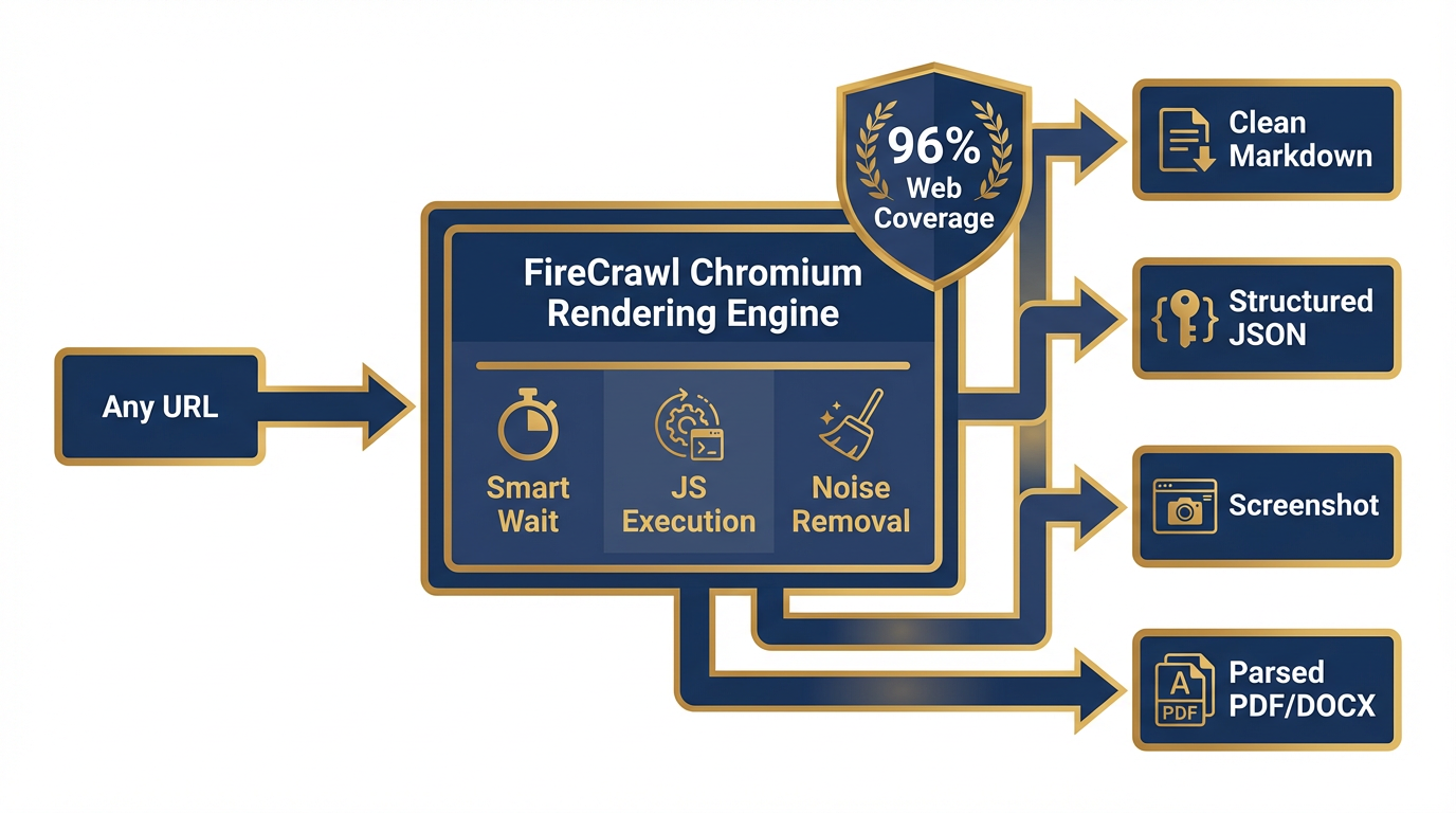 Workflow diagram — URL input → FireCrawl Chromium rendering → clean markdown, structured JSON, screenshot, or PDF output