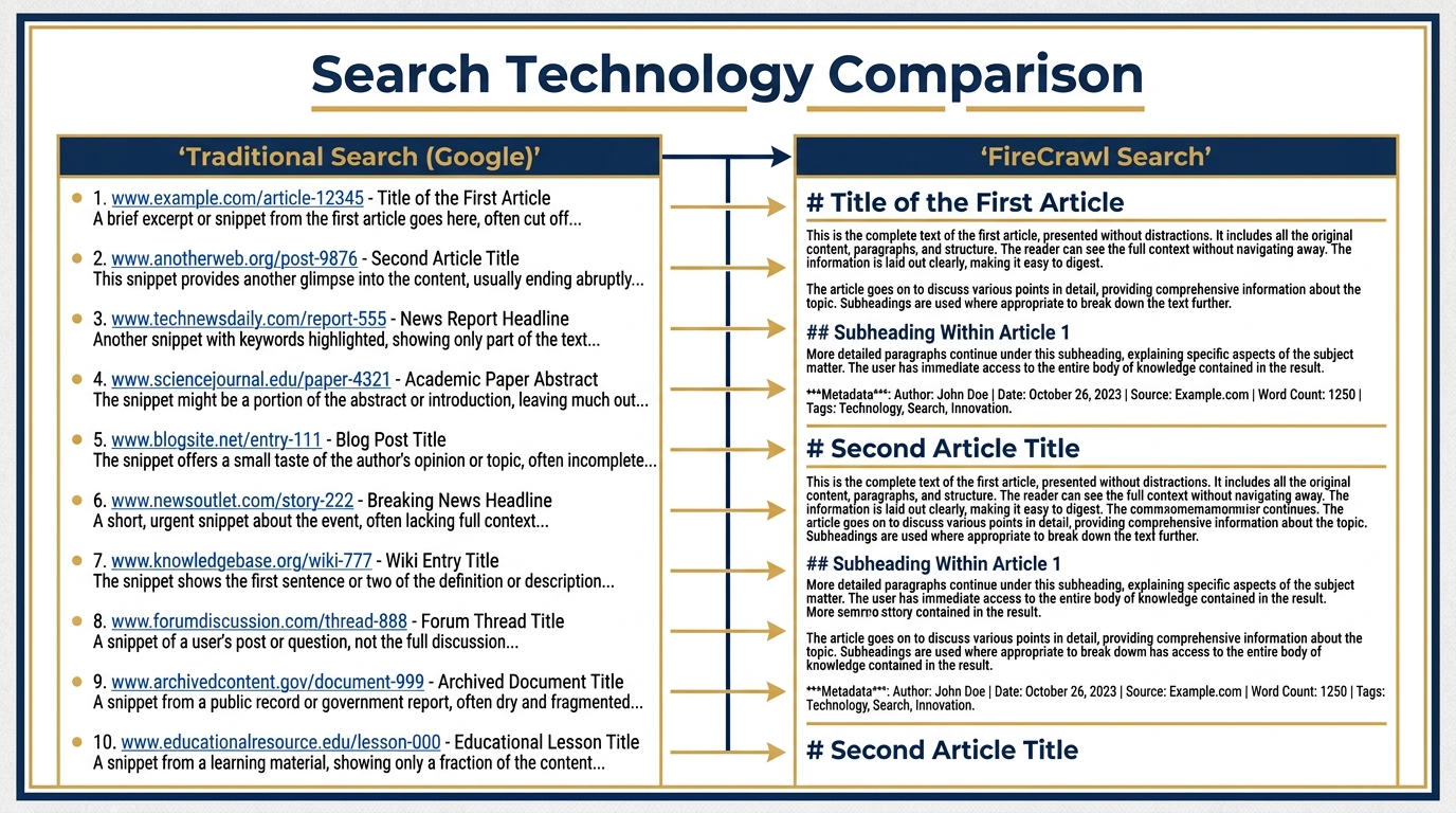 Side-by-side comparison — Google returns a list of links; FireCrawl Search returns full scraped content of each result