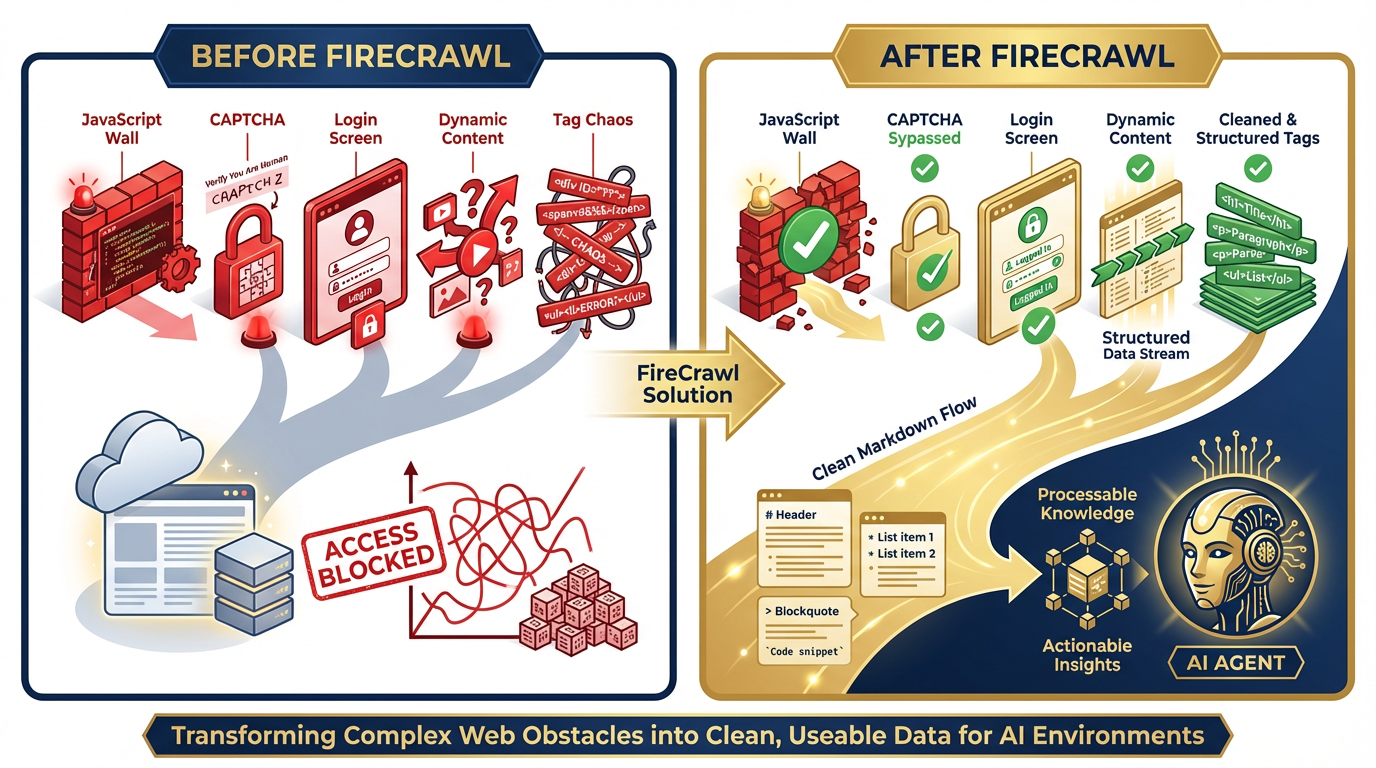 Before FireCrawl — five barriers blocking access. After FireCrawl — all barriers resolved, clean data flows to AI agent.