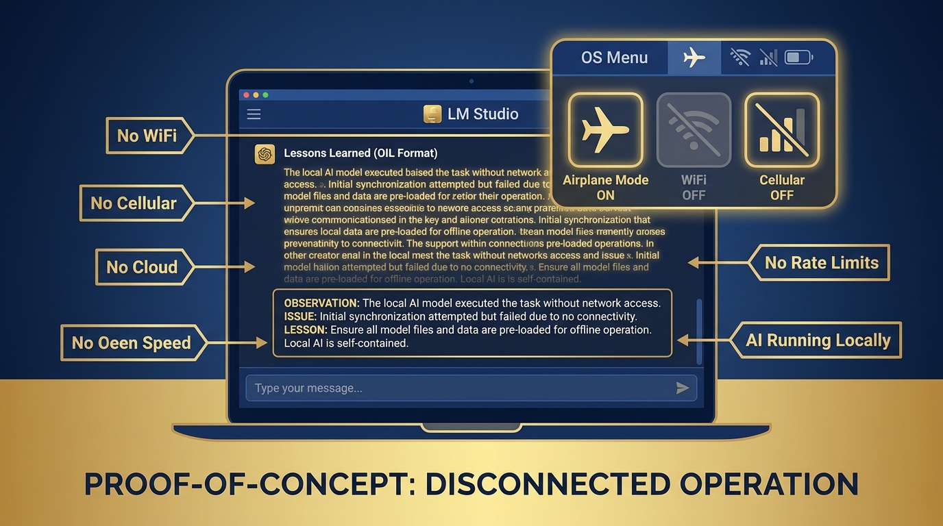 Laptop in airplane mode with LM Studio running AI analysis — the disconnected proof