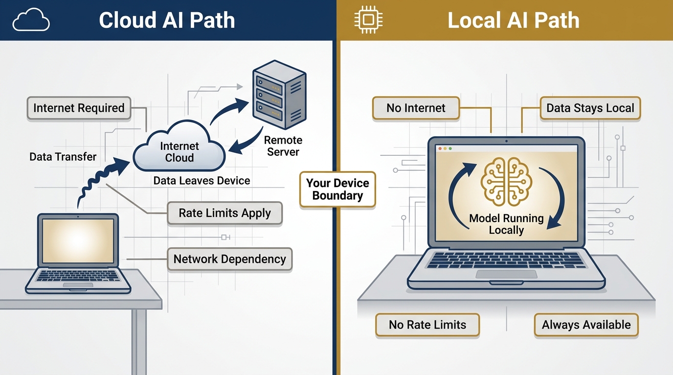 Side-by-side comparison of cloud AI (internet required, data leaves device) vs local AI (offline, data stays)