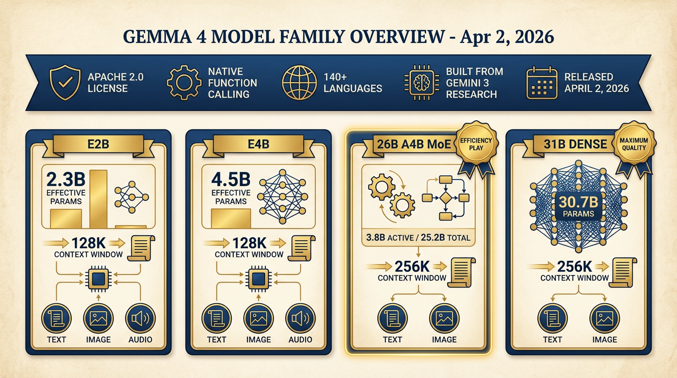 Gemma 4 family overview showing MoE vs dense, context windows, Apache 2.0, function calling