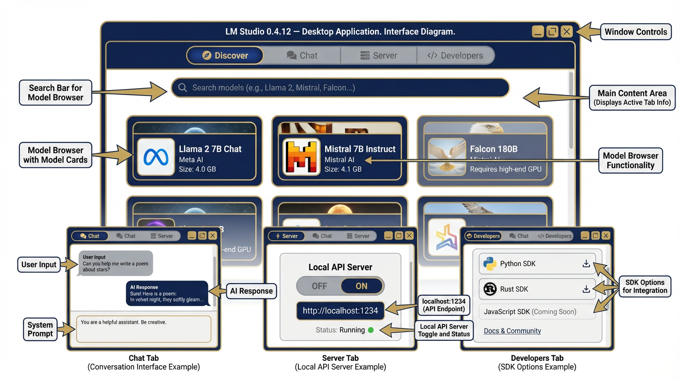 LM Studio interface showing model discovery, chat, and server tabs