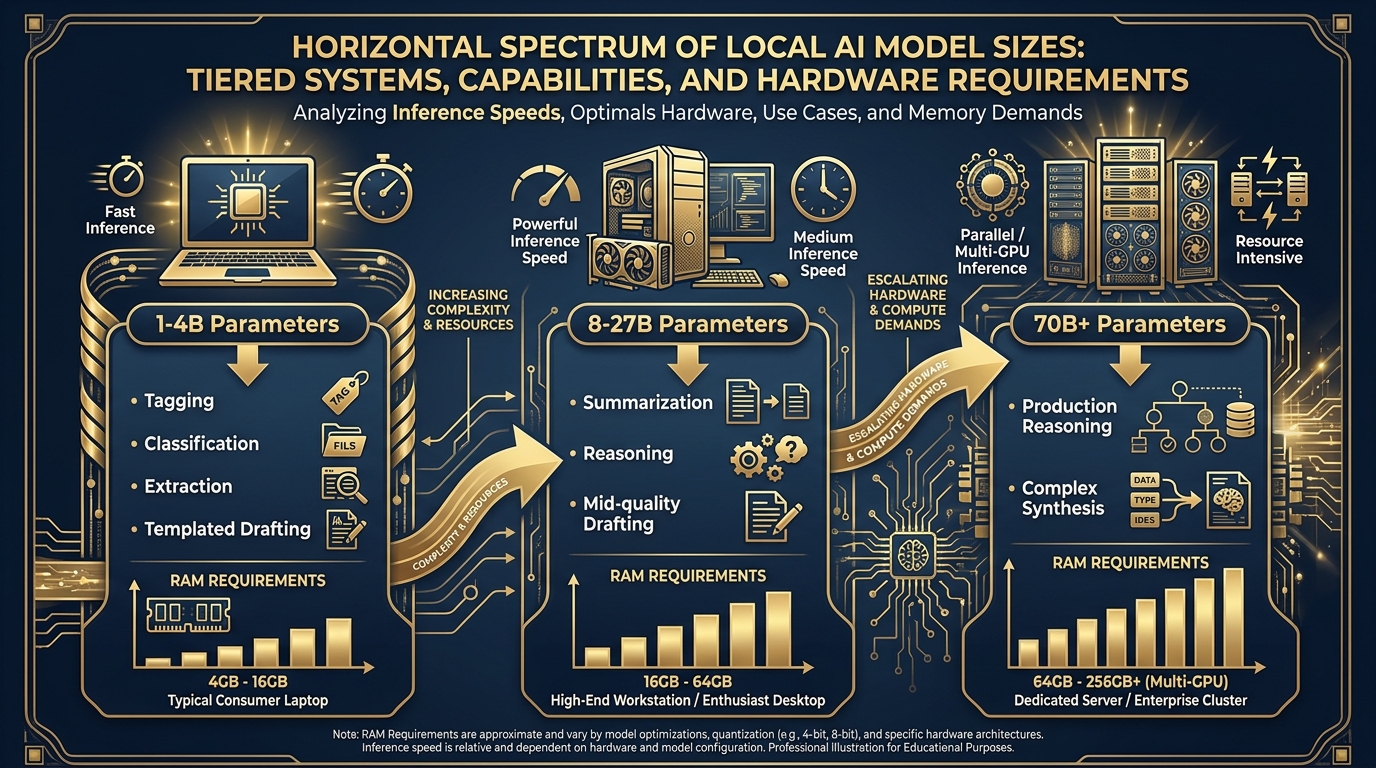 1-4B to 8-27B to 70B+ spectrum with hardware requirements and use cases