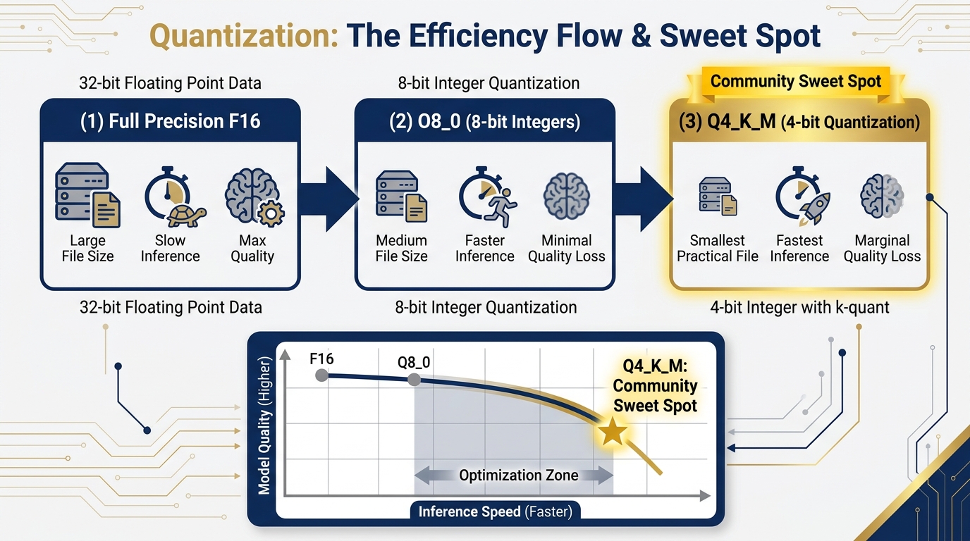 Quantization explained showing precision to file size to speed tradeoff with Q4_K_M highlighted