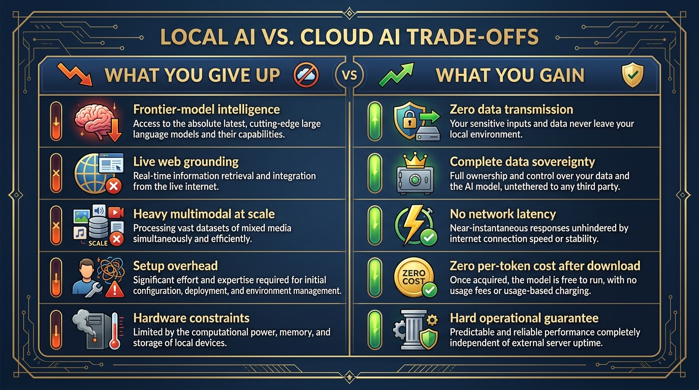 Honest comparison table showing what you give up and what you gain with local AI