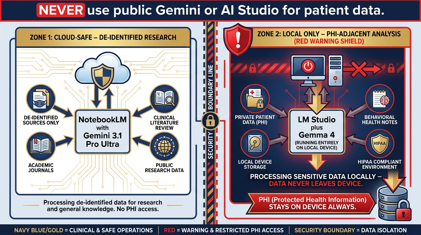 Medical/BH stack — NotebookLM for literature, LM Studio for PHI
