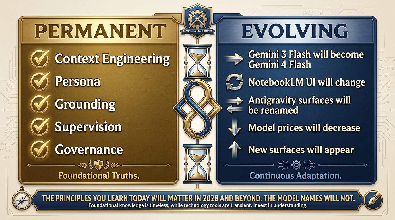Principles (permanent) vs tools (change frequently) — the durability contrast
