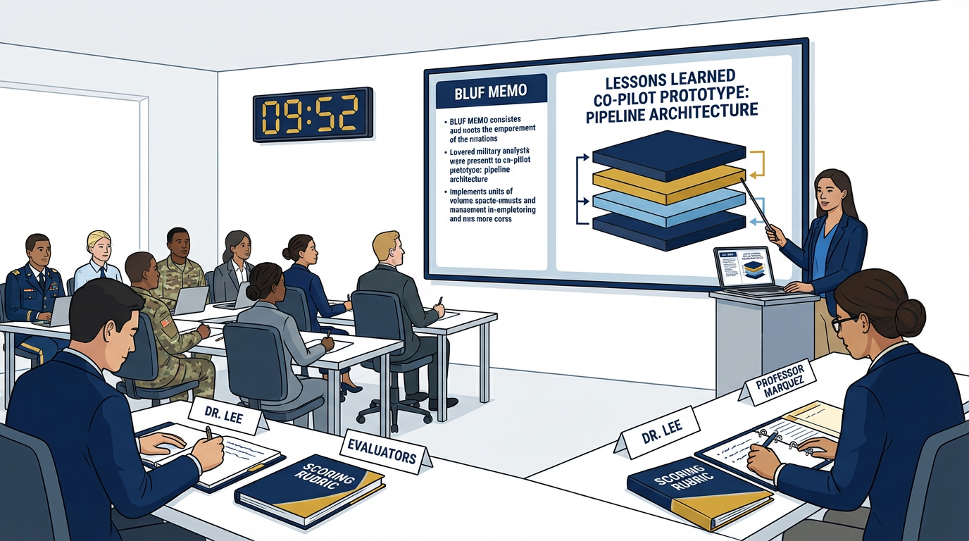 Pack presenting their Co-Pilot prototype to Dr. Lee and Professor Marquez at the front of the room, with laptop screen showing the pipeline, audience of analysts watching — navy blue and gold