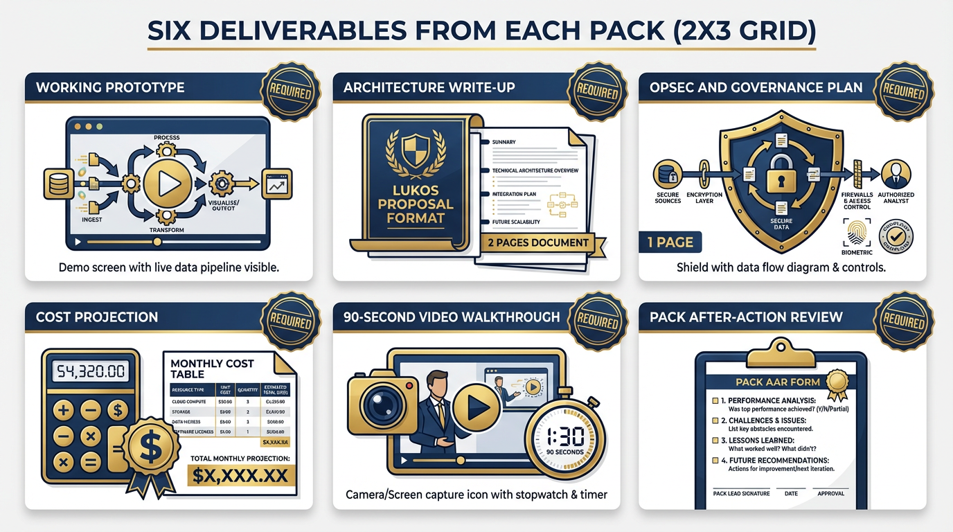 Six deliverables shown as a grid — prototype demo, architecture write-up, OPSEC plan, cost projection, video walkthrough, and pack AAR — labeled with requirements in navy blue and gold