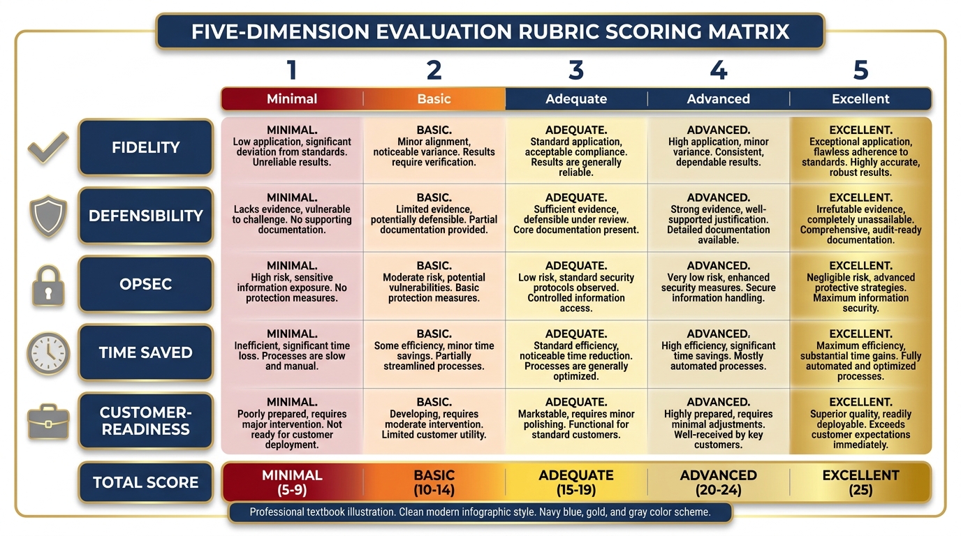 Five-dimension evaluation rubric shown as a scoring matrix — Fidelity, Defensibility, OPSEC, Time Saved, Customer-Readiness — each scored 1-5 with descriptors in navy blue and gold