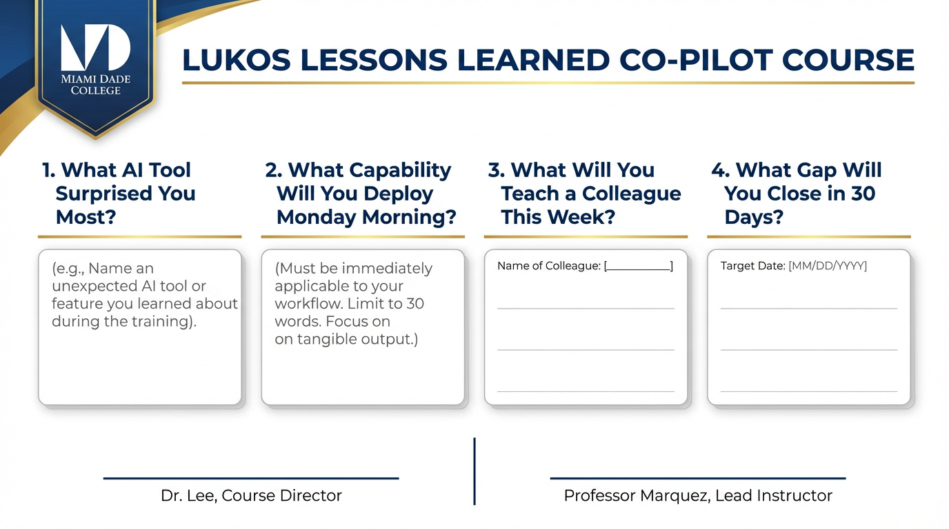 Meta-AAR on the two-day course — four reflection questions displayed as a structured form with space for answers, in the format of a military after-action review template — navy blue and gold