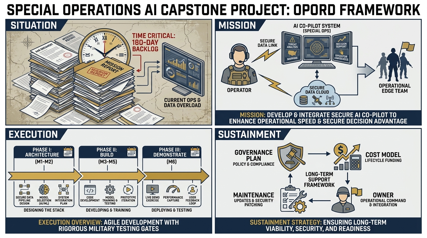 The capstone framed as an OPORD — Situation, Mission, Execution, Sustainment — with all four elements in a military operational planning format using navy blue and gold