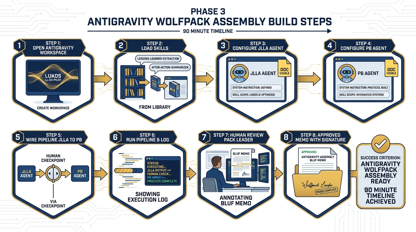 Phase 3 build steps for Antigravity — JLLA agent configured, PB agent configured, two-agent pipeline running, human review gate, BLUF memo output — in navy blue and gold