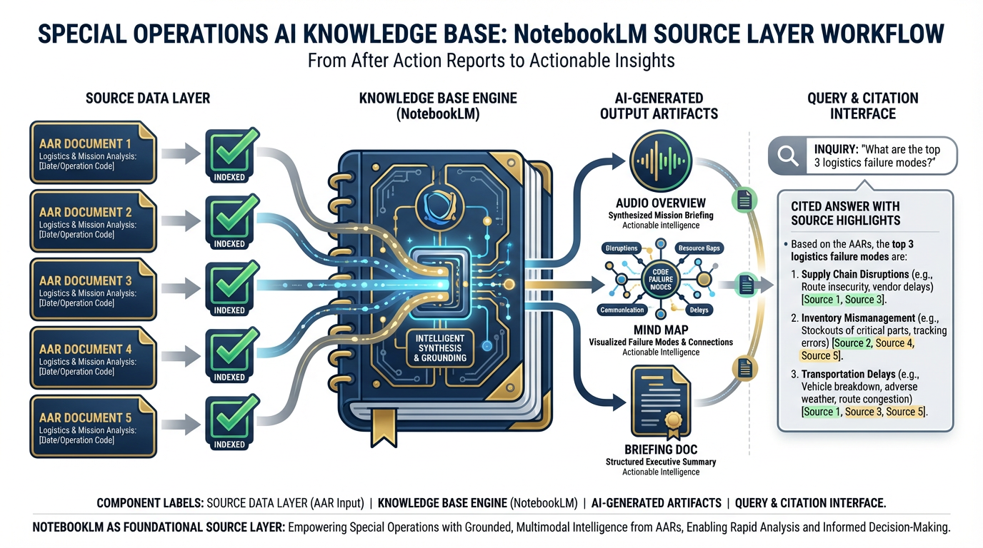 NotebookLM as the knowledge base layer — AARs uploaded, corpus indexed, Audio Overview playing, Mind Map displayed — in navy blue and gold