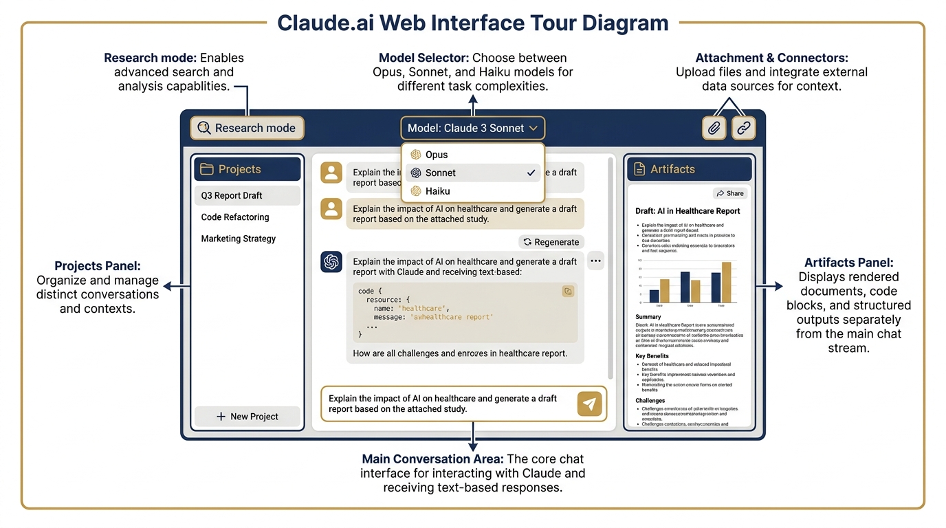 Claude.ai interface tour — Projects, Artifacts, Research, and key features